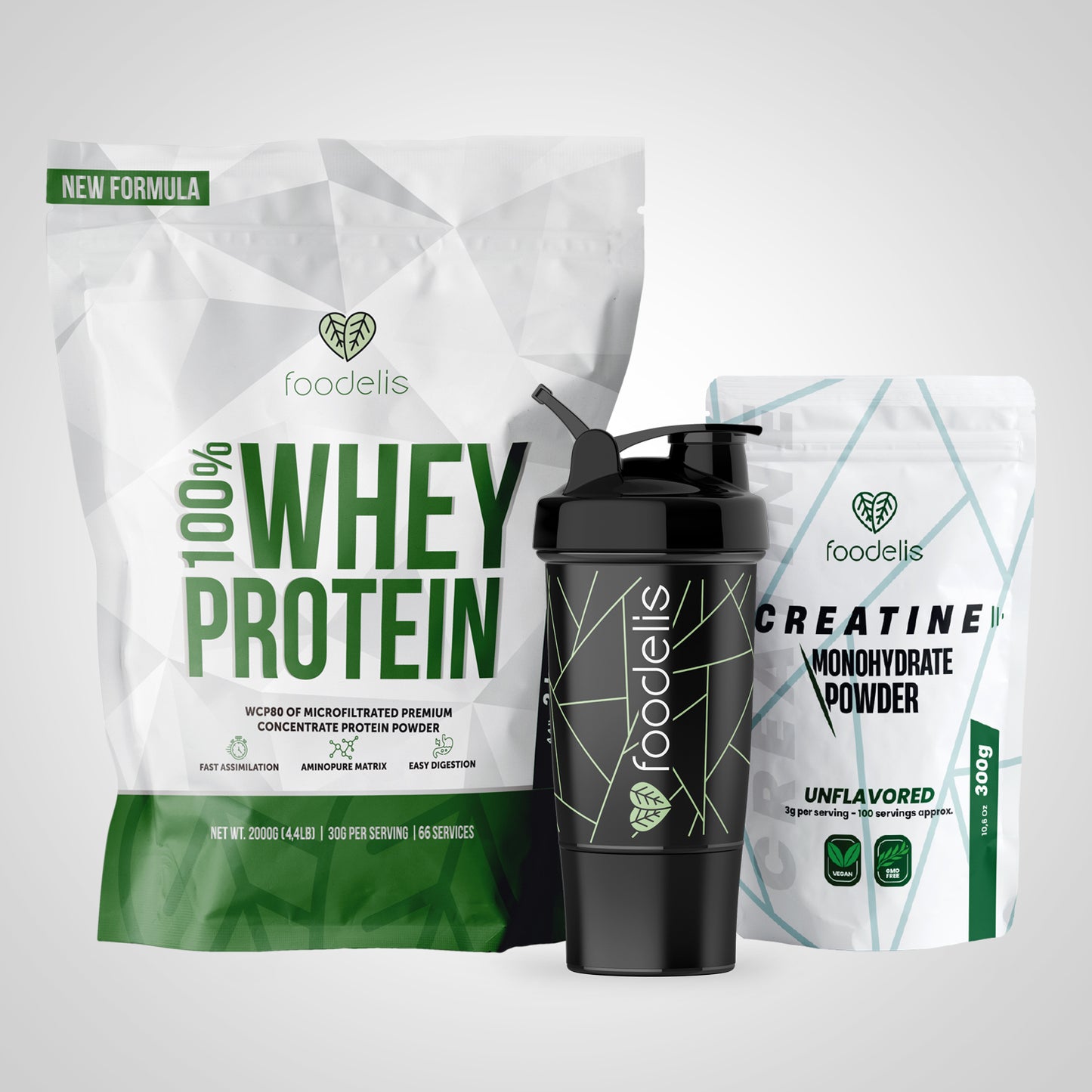 100% Whey Protein Pack 2KG + Monohydrated Creatine 300G + Shaker
